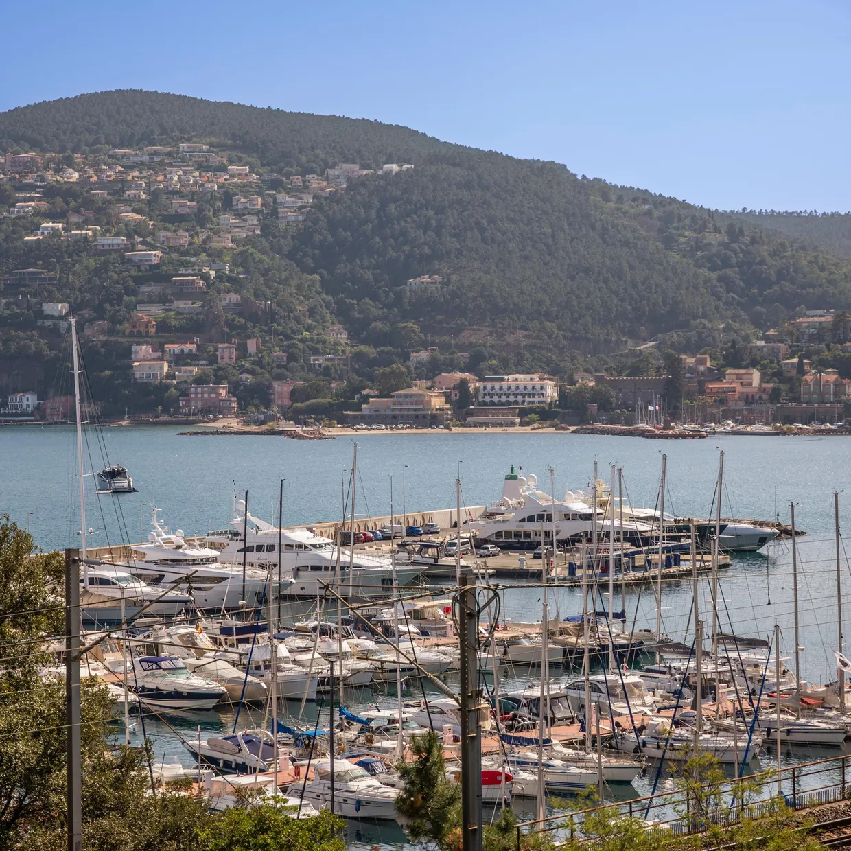 A marina with many moored boats, below a wooded and inhabited hill