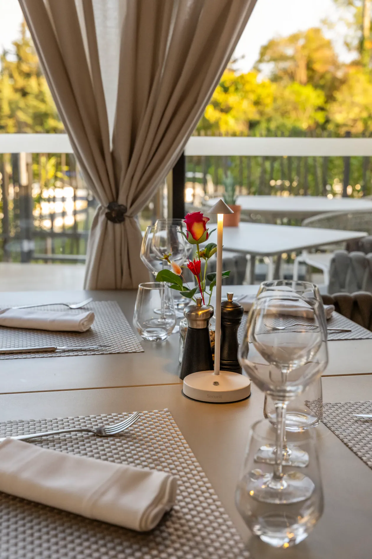 Table set with wine glasses, napkins, flowers, and pepper mills, viewed from a restaurant with trees in the background.