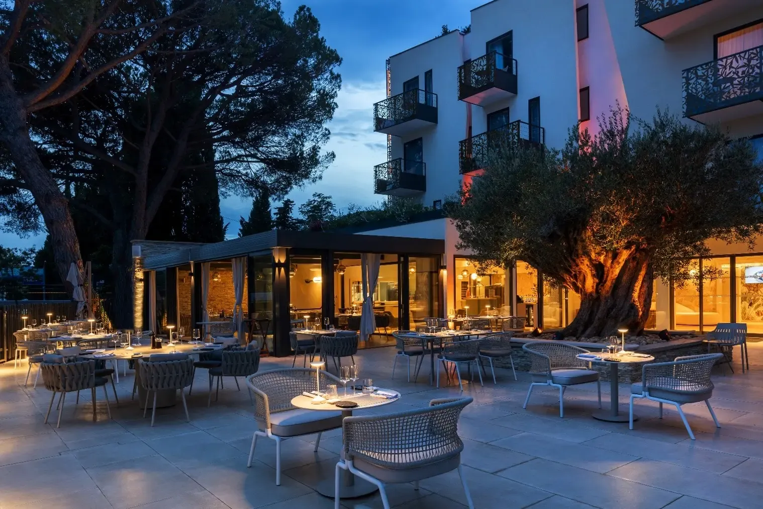 Restaurant terrace in the evening with tables and chairs arranged under trees, modern building lit up in the background