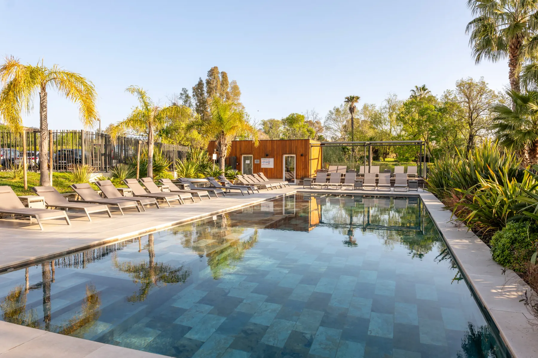 Rectangular swimming pool surrounded by sun loungers and tropical vegetation with a wooden building in the background