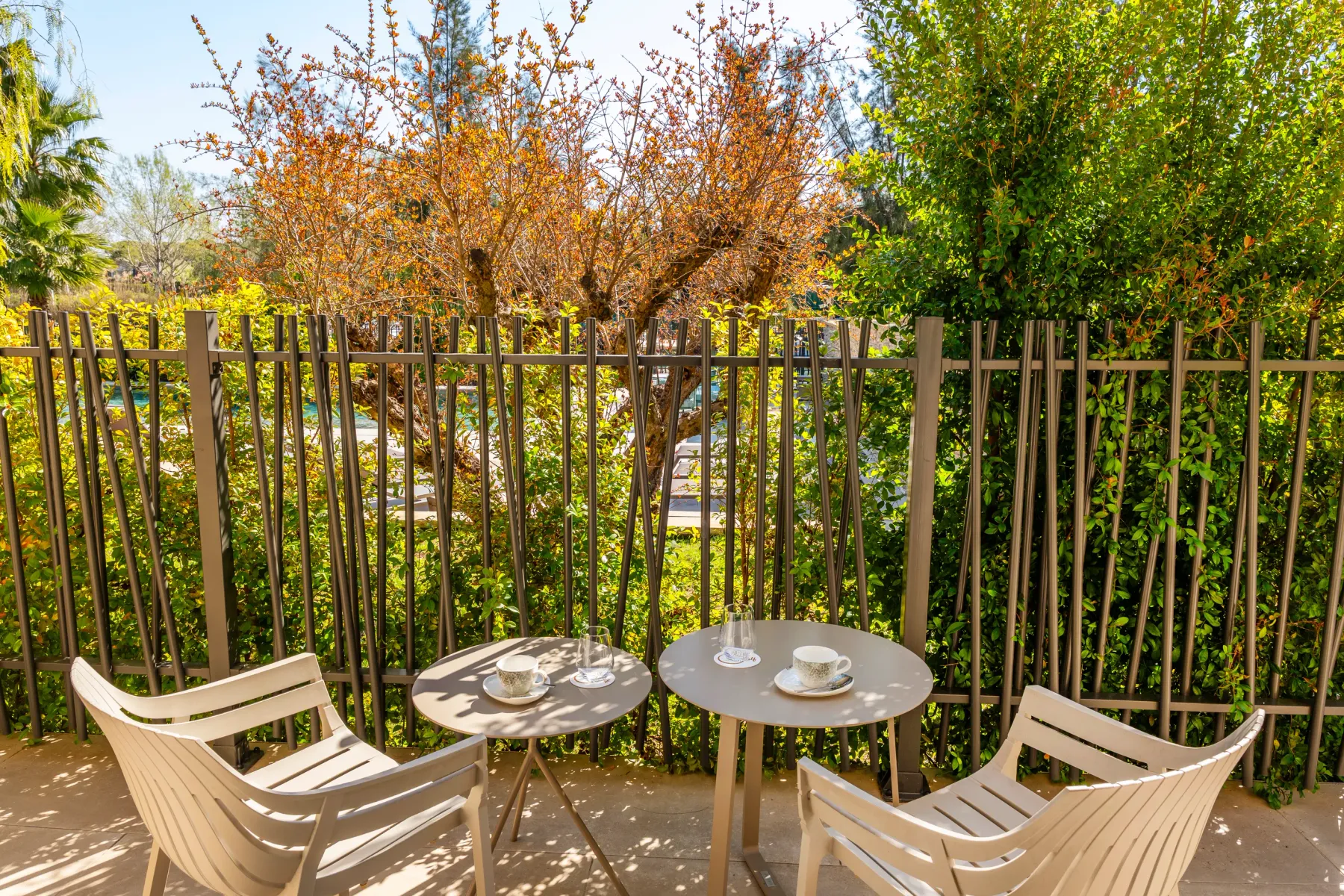 Two round tables with teacups and wooden chairs on a terrace surrounded by dense vegetation and a metal fence.