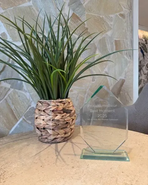 Une plante en pot en fibre naturelle posée sur une table à côté d'une plaque de verre gravée "Prix du meilleur moment 2025"