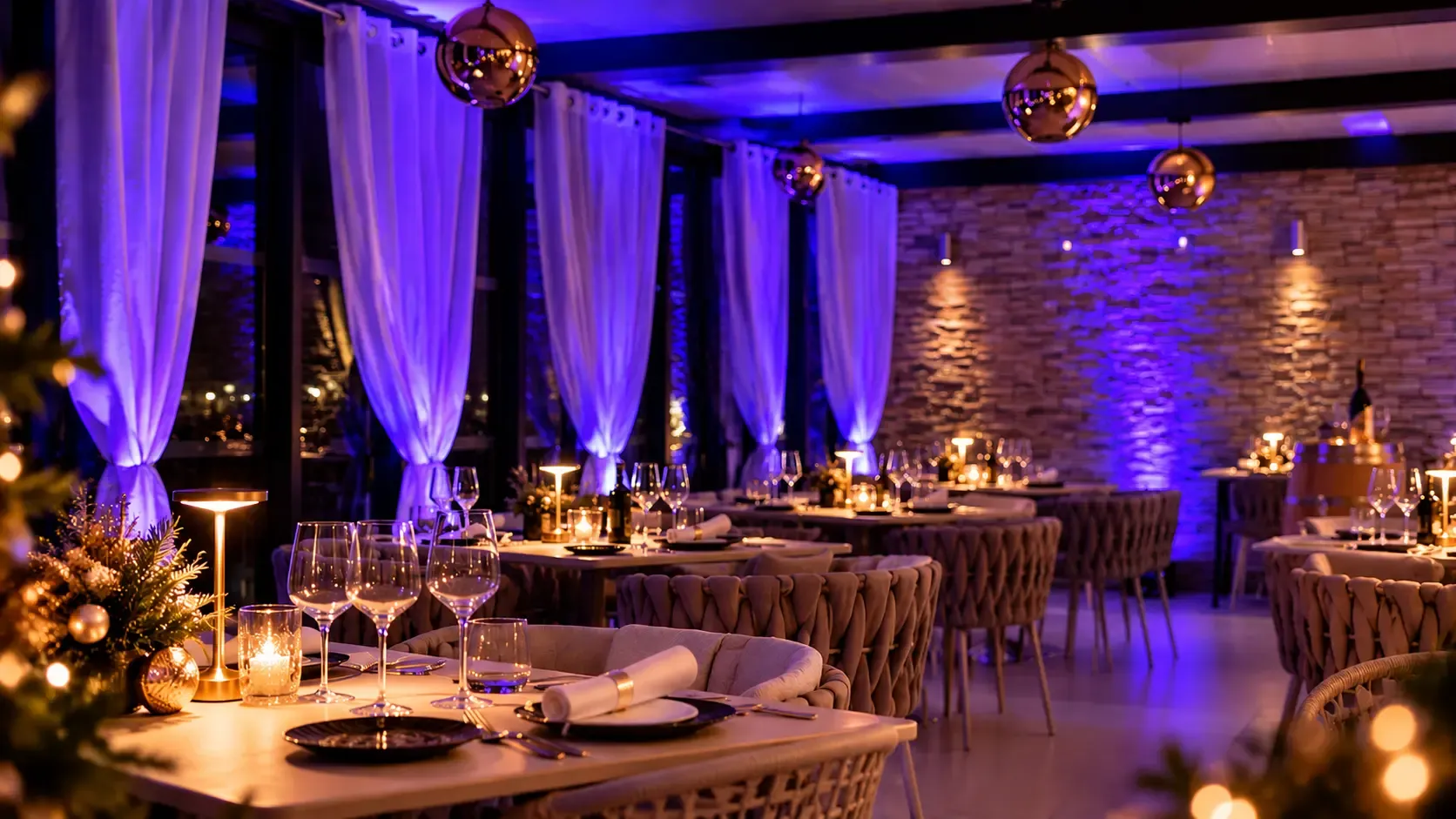Salle de restaurant élégamment décorée avec des tables dressées, des verres à vin, des bougies et des guirlandes lumineuses, éclairée par des lumières bleues et des suspensions métalliques